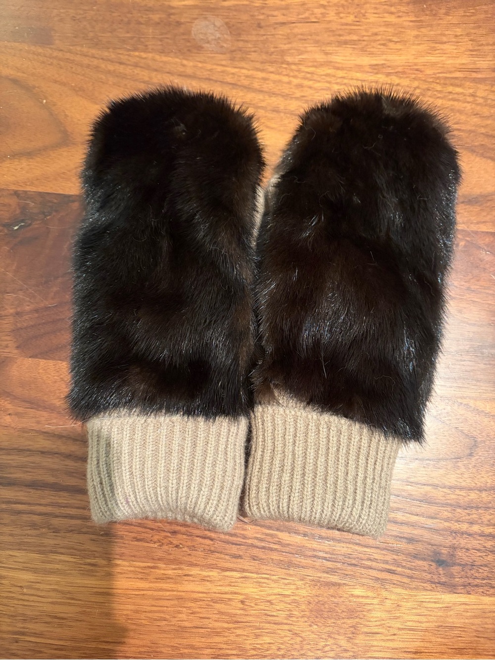 Real Mink and Khaki Knit Mittens